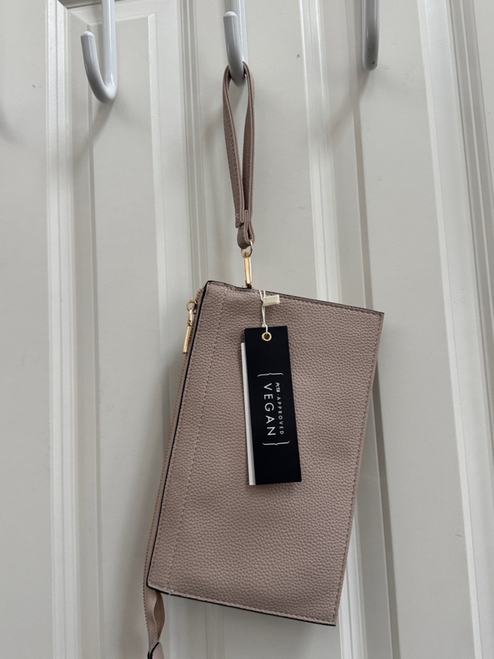Taupe Pebbled Wristlet Clutch with Gold Lock Accent - Picture 2 of 6
